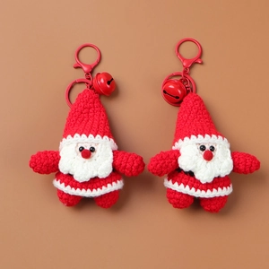 Handmade Crochet Santa Claus Keychain Pendant Yarn Wool Knitted Cartoon Cute Christmas Gift With Bell Metal Ring