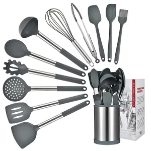 12-piece dark grey silicone kitchen utensil set with stainless handles and rotating holder