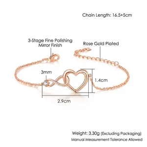 Elegant rose gold infinity heart bracelet with single zircon and adjustable lobster clasp