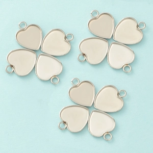 Three silver stainless steel four-leaf clover heart pendants for DIY jewelry making