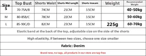 Tabella taglie dettagliata per set bikini in denim con misure di busto, vita e peso
