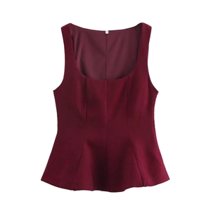 Wine red slim fit sleeveless peplum top with elegant asymmetric hem on white background