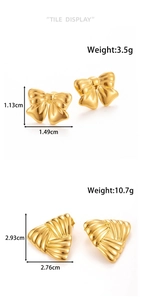 Detail showing dimensions and weights of gold bow and textured triangular steel earrings