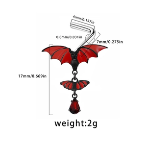 Detail view of red bat nose stud with water drop zircon and size dimension markings
