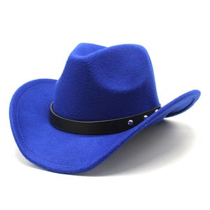 Detail of dark blue felt cowboy hat featuring black leather band with silver metal studs