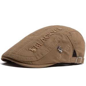 Brown cotton flat cap featuring 3D BLACKVELL embroidery and rabbit metal badge accent