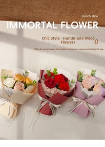Detailed view of handmade soap flower bouquets in cream, red, and purple with chic ribbons