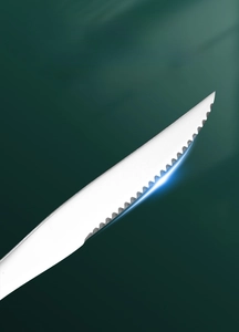 Macro shot of serrated stainless steel steak knife blade with polished finish detail