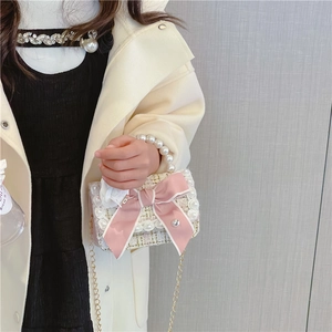 Pink bow tweed handbag for girls with pearl handle and golden chain strap