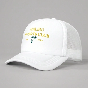 White Malibu Sports Club trucker hat with palm tree embroidery and mesh back