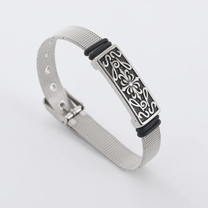 Silver Milanese mesh bracelet with vintage engraved floral metal plate and buckle