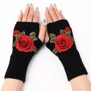 Women's black knit fingerless gloves with red rose embroidery for autumn and winter warmth