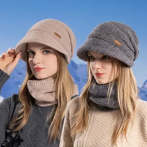 Ensemble Bonnet Et Écharpe Tricotés Pour Femmes Doublé De Polaire Chaud Coupe-Vent Bonnet Avec Visière Épais Mou Mode