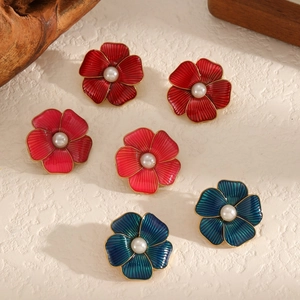 Vintage Flower Earrings Stainless Steel Enamel Floral Studs With Faux Artificial Pearl Elegant French Style Jewelry For Women
