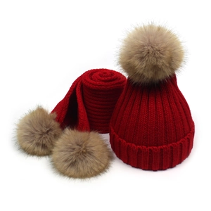 Children Winter Knit Hat And Scarf With Faux Fur Pom Poms Warm Ribbed Beanie Scarf For Boys Girls Soft Thermal Neck Warmer
