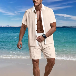 Ensemble Décontracté Homme Gaufre Chemise Manches Courtes Et Short Haut Et Bas Pour Plage Vacances Été Coupe Ample