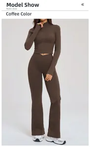 Set yoga da donna color caffè con giacca slim con zip e leggings a zampa d'elefante