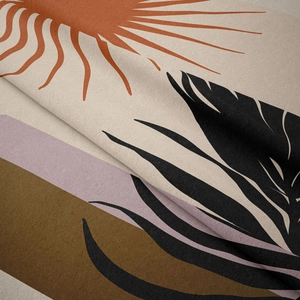 Gros plan d'une tapisserie abstraite montrant les motifs de soleil et la texture du tissu
