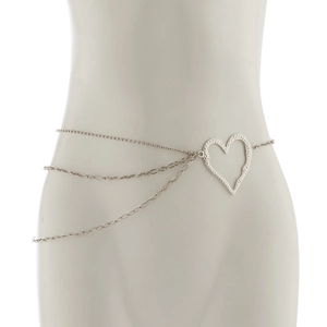 Detailed view of silver layered metal waist chain featuring a hollow heart pendant