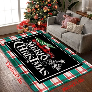 Tapis de Noël en flanelle avec camion rouge vintage et inscription Merry Christmas décor