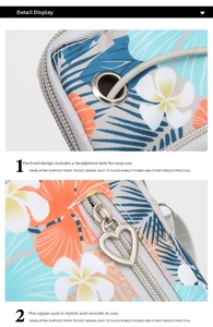 Detail of tropical floral crossbody bag showing silver headphone port and heart zipper