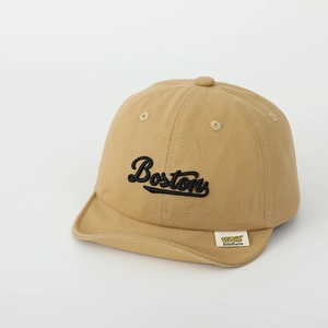 Close-up of Boston embroidery on khaki cotton baby baseball cap with soft brim