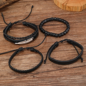 Men's 4-piece black leather bracelet set with wooden beads and silver feather charm