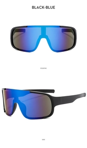 Front and side view of black sports sunglasses with blue mirrored lenses and shield frame