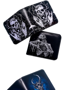 Detailed view of vintage skull print PU leather wallets with high-quality stitching and texture