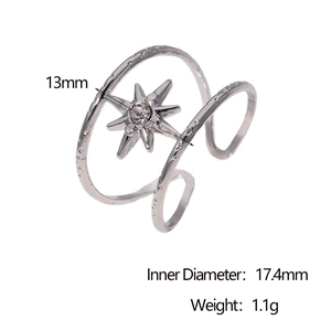 Detailed size chart of silver starburst open ring showing 17.4mm inner diameter and 1.1g weight