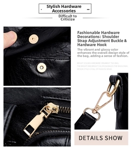 Detailed macro view of gold-tone hardware and litchi texture leather on black handbag