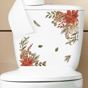 Stickers de Noël pour toilettes avec poinsettias rouges et pommes de pin décoratifs