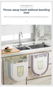 Detail of hanging folding kitchen bin showing flexible expansion and cabinet mounting