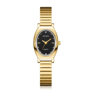 Elegant gold oval watch for women with black dial and brushed metal steel strap