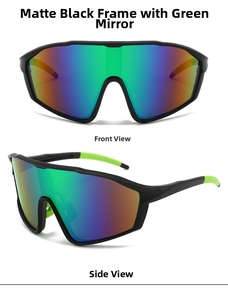 Matte black oversized cycling sunglasses with green mirrored lens front and side views