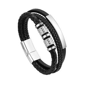 Bracelet pour homme en cuir noir tressé à trois couches avec fermoir magnétique et métal argenté