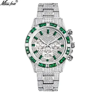 Luxury full diamond quartz watch with green gemstones and stainless steel chronograph dial