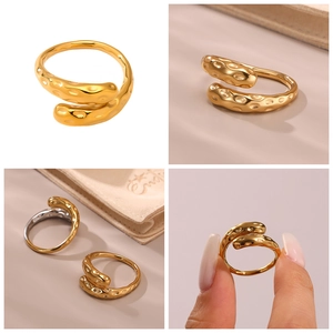 Detailed views of the hammered finish 18k gold plated open ring on white and lifestyle backgrounds