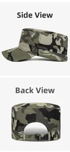 Detail view of camouflage flat top hat with 1941 embroidery and adjustable buckle