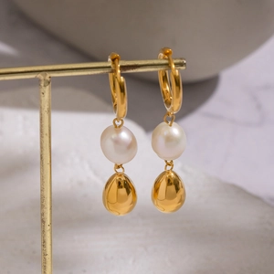 Vintage natural freshwater pearl earrings with 18K gold plated teardrop pendants