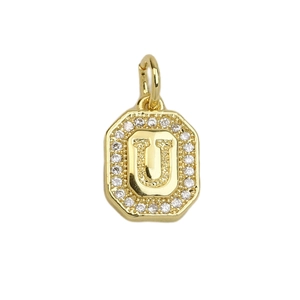 Detailed view of square letter U pendant with sparkling cubic zirconia on gold chain