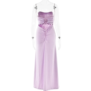 Detailed back view of purple tube maxi dress featuring lace-up straps and ruched details