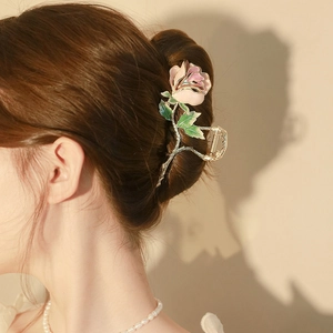 Elegant rose flower hair claw clip with pink gradient petals and metal shark clip