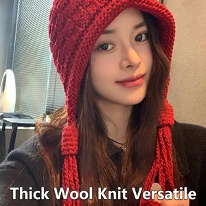 Women Fashion Knitted Beanie Hat Warm Winter Thick Yarn Earflap Hat With Long Tassels Soft Cap Daily Outerwear Accessories