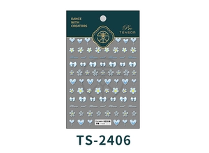 Detailed macro view of TS-2406 3D embossed nail art stickers with light blue floral patterns