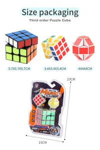 Detailed view of 3x3 educational magic cube set with standard and mini size variants