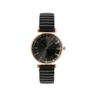 Minimalist quartz watch for women with rose gold case and textured black leather strap