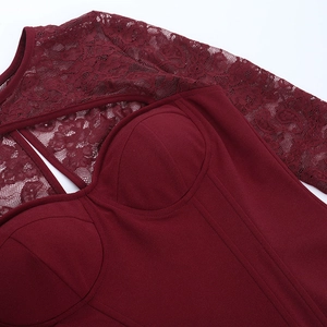 Detail of wine red lace stitching and structured corset cups on long sleeve top