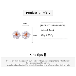 Detailed specs for acrylic flower earrings featuring 6cm size and 19.8g weight
