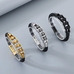 Men's punk skull motorcycle chain bracelets in gold, silver and black finish